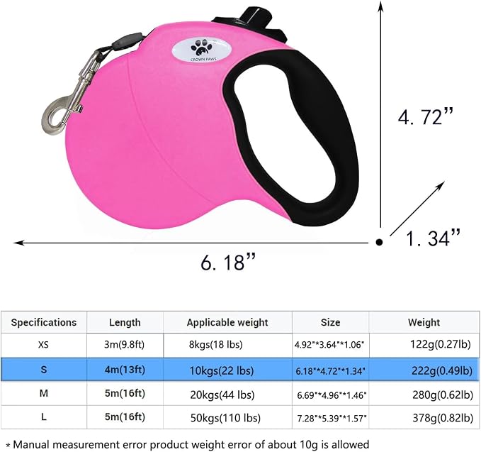 13ft Retractable Dog Leash for Small Breed Dogs up to 22 lbs with a Detachable Chew Proof Extender Wire Ropes (Pink S) - Image 2