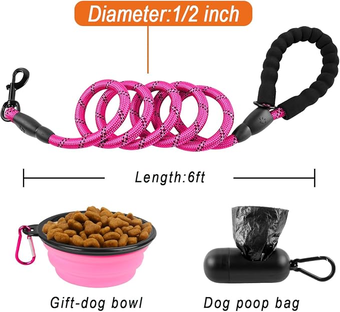 BARKBAY Dog Leashes for Large Dogs Heavy Duty Dog Leash 4/5/6 FT with Comfortable Padded Handle and Highly Reflective Threads for Medium Large Dogs Walking Training Running (6FT-1/2'',Fushcia) - Image 6