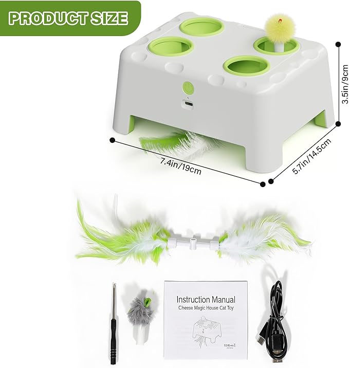 Cat Interactive Automatic Toys, Magic House Whack-a-Mole Toy | Rechargeable Stimulating Feather Kitten Toys, 3 Play Modes, 4 Holes Design, 4 Replacement Accessories - Image 3