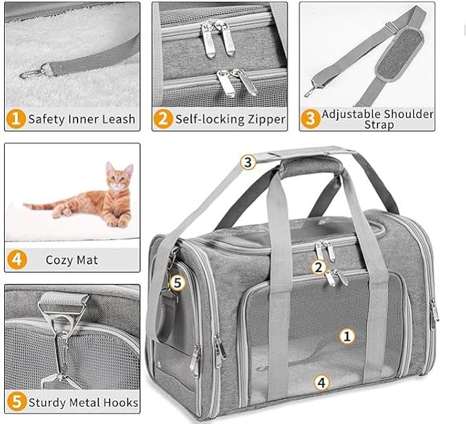 Soft-Sided Pet Carrier for Cats and Dogs, Collapsible Travel Bag with Shoulder Strap, Removable Mat, Mesh Windows, 17x11x11Inch, Gray - Image 4