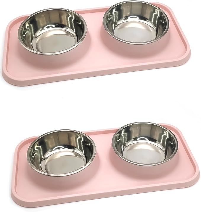 BNOSDM 2 Pcs Double Dog Food Bowls, Stainless Steel Small Dog Food and Water Bowls with Non-Spill Plastic Mat, Pet Cat Feeder Dish Set for Puppy Cats Kitten, Pink by BNOSDM