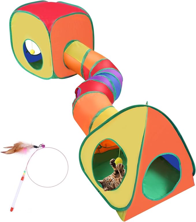 Cat Tunnels for Indoor Cats with Tent Cube and Feather Toy Collapsible Combo, Pop Up Cat Play Tunnel with Interactive Cat Toy Ball for Kitten, Ferret, Puppy, Guinea Pig, Rabbit, Bunny, Multicolour by Maikolerfeng