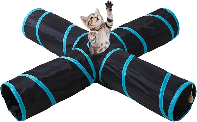 Pet Cat Tunnel, 4-Way Junction Tunnels for Indoor Cats, Collapsible Pet Tunnel for Kitten, Puppy, Rabbit, 25cm-Wide Tunnels, Durable & Breathable, with Peek Hole Toy Ball by Tamiplay