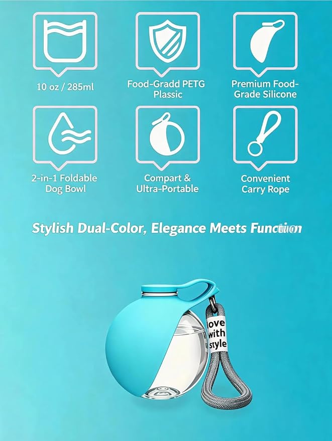 Portable Dog Water Bottle with Collar Clip, 10oz Leak-Proof Travel Pet Water Dispenser with Food-Grade PETG Bowl for Walking, Hiking & Outdoor Activities - Blue - Image 7