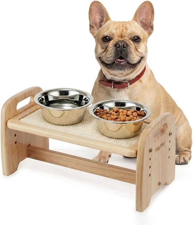Haotree 4-Level Adjustable Elevated Dog Bowl Stand, Premium Solid Rubberwood Pet Feeding Station with Carry Handles & Anti-Slip Feet for Small Dogs & Cats, Furniture-Style Pet Feeder, Stand Only - Image 4