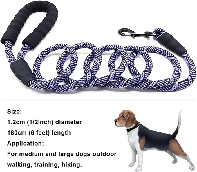 MayPaw Heavy Duty Rope Dog Leash, 6/8/10FT Nylon Pet Leash, Soft Padded Handle Thick Lead Leashes for Large Medium Dogs Walking Roaming (6ft * 1/2", Purple Black) - Image 5