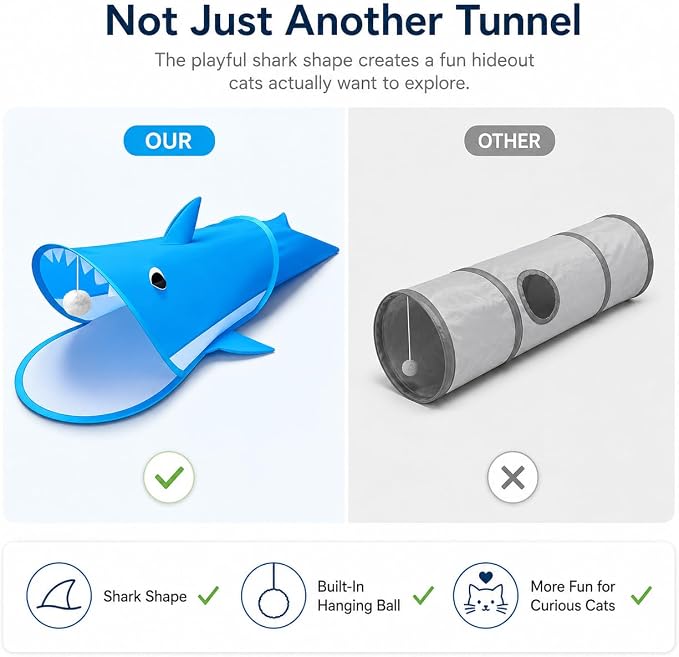 Blue Shark Cat Tunnel Toy, Collapsible Pop-Up Cat Play Tunnel with Interactive Hanging Ball & Storage Bag, Durable Polyester Interactive Cat Toy for Indoor Cats, Kittens - Image 3