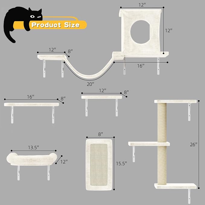 NUNU LAB Wall Mounted Cat Furniture Set - 6 Pcs Climber Set with House, Bridge, Steps, Scratcher Board - DIY Walls Playground, Indoor Cat Shelves - White - Image 6