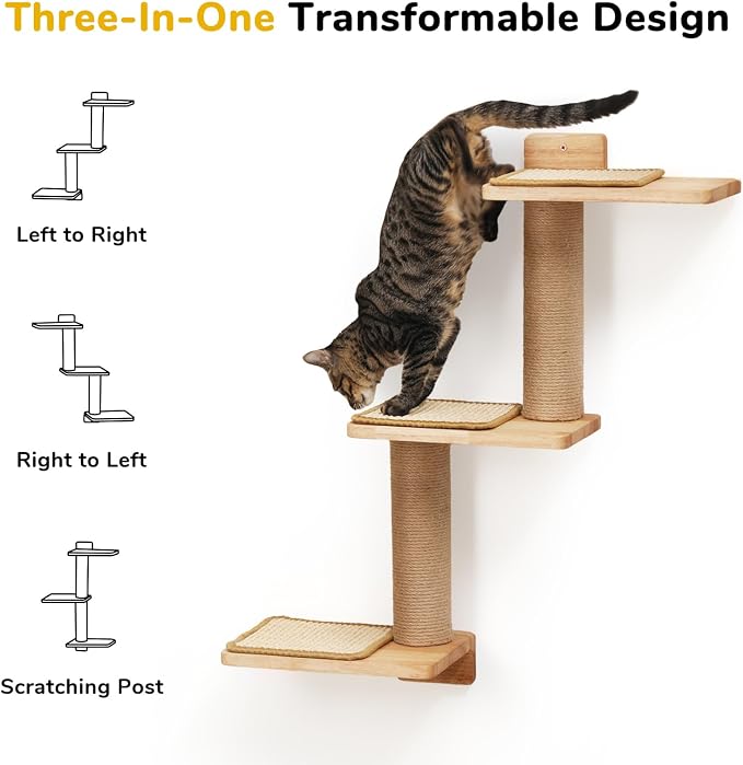 FUKUMARU Cat Wall Shelves, 3 in 1 Transformable Cats Scratching Post | Solid Rubber Wood, DIY Kitten Walls Jungle and Perch Platform Supplies, Suit For Climb, Play, Nap, Scratch - Image 5