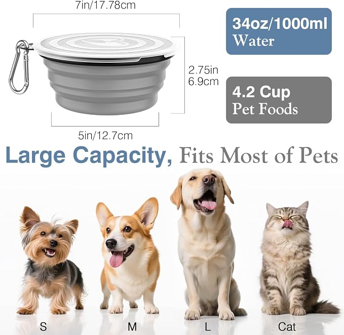 Pawaboo Collapsible Travel Dog Bowls 2 Pack with Lids&Carabiners Silicone | Feeding Watering Bowls for Dogs Cats, Collapsable Water Feeder Food Bowl for Walking Traveling Home Use, Blue + Grey - Image 4