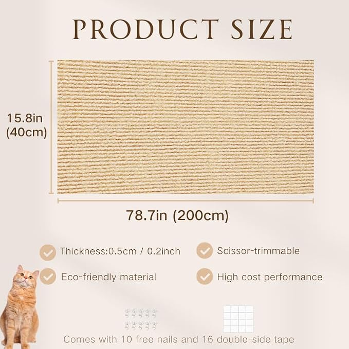 78.7"x15.8" Cat Scratching Carpet Mat Furniture Protector, Covering DIY Cat Tower,and Replacement Pads, Self-Adhesive Trimmable Mat (Khaki) - Image 4
