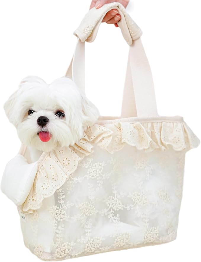 ONECUTE Dog Carrier for Small Dogs Rabbit cat with Lace Design, Cotton Bag, Dog Carrier Soft Sided, Collapsible Travel Puppy Carrier (Beige, 13" L x 6.7" W x 10.6" H) by ONECUTE