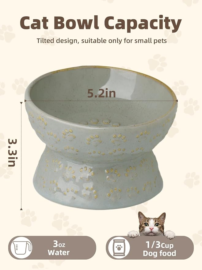 Ceramic Tilted Elevated Small Cat Bowl, for Fat Faced Cat, Kitten, Grey | 15° Tilted Elevated Design,5oz Small Meal Capacity,Chin-Friendly Ceramic,Paw Print - Image 2