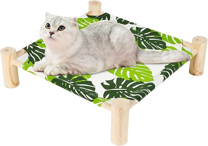 Patas Lague Cat Hammock Bed Small Eleveted Dog Bed 19x19 in Monstera Leaf | Brethable Wooden Pet Bed, Cooling Rabbit Cot, Outdoor Cat Furniture For Summer - Image 2