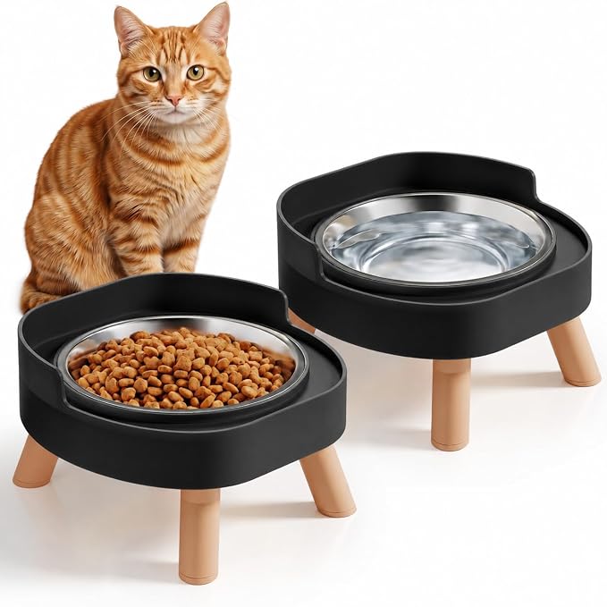 Elevated Cat Bowls, 2P Raised Cat Food and Water Bowl Set for Indoor Cats, Splash Proof with 2 Stainless Steel Pet Food Bowls for Cats ＆ Puppies, Whisker Friendly and Dishwasher Safe - Black by HIAIEVIY