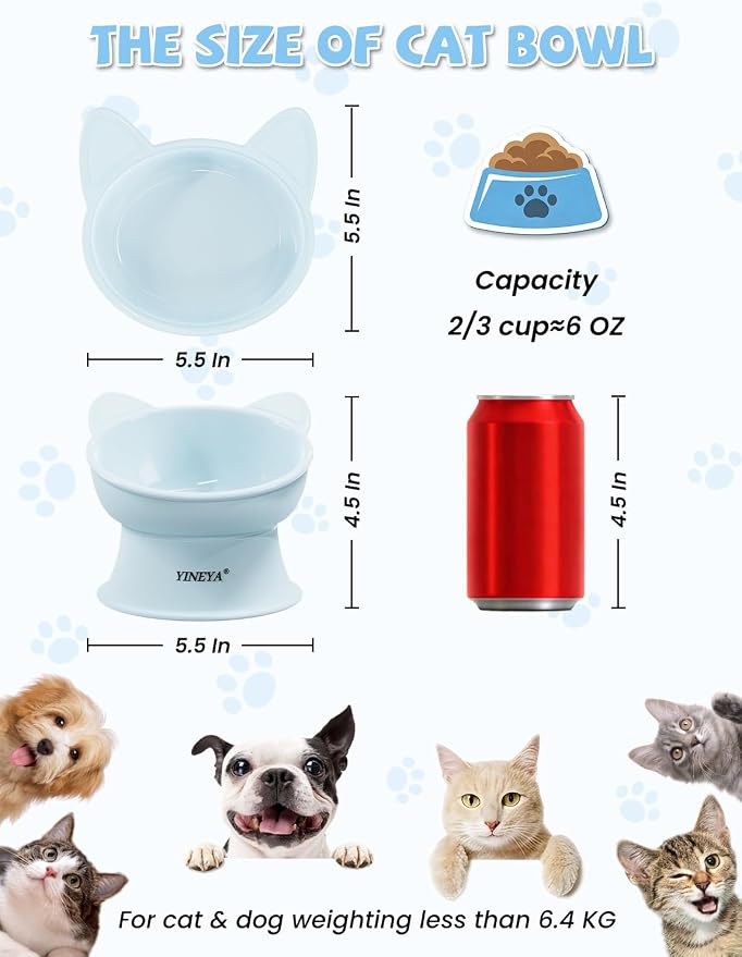 YINEYA Elevated Cat Bowls 2 Pcs, Cat Food Bowl to Protect Neck & Anti-Vomit, Whisker-Friendly Raised Food and Water Bowls Set for Indoor Cats/Small Dogs, Cute Pet Feeding Bowl 6 OZ Each, Yellow & Blue - Image 4