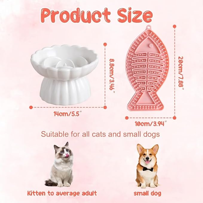 Ceramic Raised Slow Feeder Cat Bowl with Lick Mat, for Indoor Cats and Small Dogs Like Chihuahua, French Bulldog, Poodle,Anti Vomiting for Dry and Wet Food-White Bowl+Lick Mat - Image 2