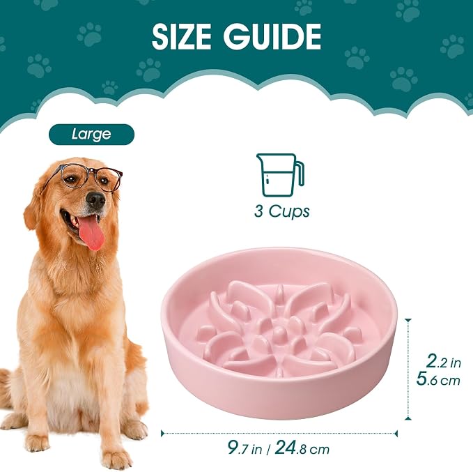 vancasso Ceramic Slow Feeder Dog Bowls, Puzzle Dog Food Bowls with Floral Maze, Anti -Slip Pet Food Dish for Large Breed, 3 Cups, Pink - Image 2