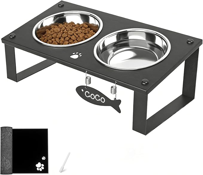 Elevated Cat Bowls with Splash Proof Mat for Kitten Puppy, 10° Tilted Raised Cat Bowl Stand Anti-Vomiting, 2 Wide Shallow Stainless Steel Bowls, Whisker Friendly, 3.5" Tall - Image 8