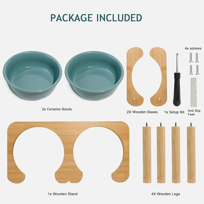 Ceramic Elevated Dog Bowls, Raised Pet Food and Water Bowl Set, Dark Green | Feed Tray For Small and Medium Breeds, 6.9" Wide Double Modern Porcelain Bowls, 6.3" High Wooden Stand, Non-Slip, 28Oz/800ML - Image 8