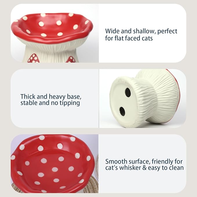 Ceramic Cat Bowl, Cute Red Mushroom Elevated Cat Food Dish, Shallow Raised Feeder, Anti Vomiting, Stress Free, Whisker Fatigue - Image 3