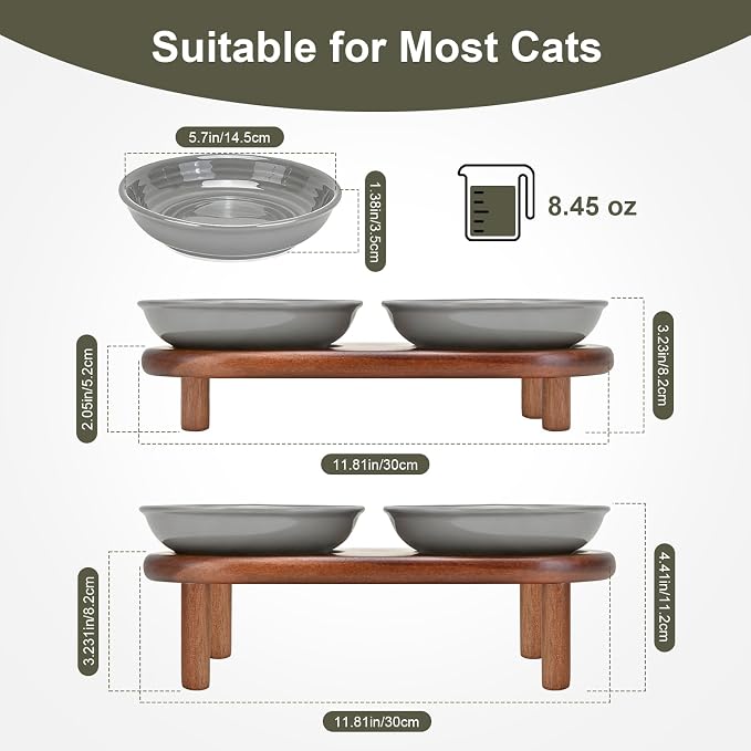 SPUNKYJUNKY Shallow Elevated Cat Bowl with Acacia Wood Stand Wide Raised Ceramic Cat Dishes Whisker Friendly Pet Food and Water Plates (Striped Pattern, Gray) - Image 2