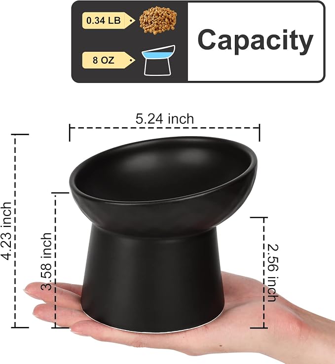 YauYik Ceramic Elevated Cat Bowls - 15°Tilted Cat Food Bowls for Indoor Cats, Whisker Fatigue Relief Shallow Cat Bowl, Anti Vomiting Raised Cat Feeding Bowls,8 Ounces, Black, 2 Pack - Image 2
