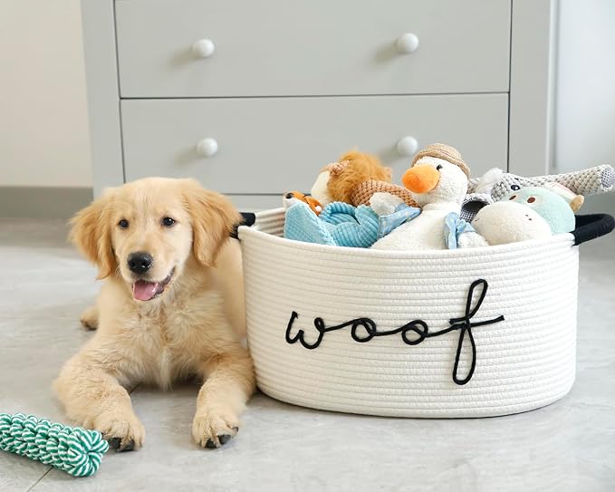 Woof Dog Toy Basket Woven Pet Baskets Storage Bin Box with Durable Handles, Pet Supplies Puppy Bins Perfect for Organizing Dog Toys Blankets and Accessories - Image 3