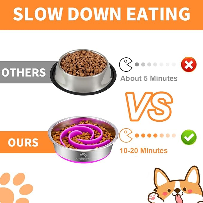 2-in-1 Metal Dog Bowl with Slow Feeder Insert, Stainless Steel Dog Bowls Food Grade 304, Water Food Bowl with Anti-Slip Silicone Base for Small, Medium, Large Dogs - Image 3