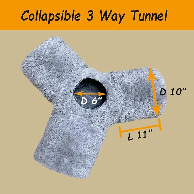 3-Way Collapsible Cat Tunnel Tube Toy Grey Plush | Interactive Play Tunnel with Hanging Ball & Peek Hole for Indoor Cats, Kittens, Puppies & Rabbits | Hours of Fun & Exercise - Image 2