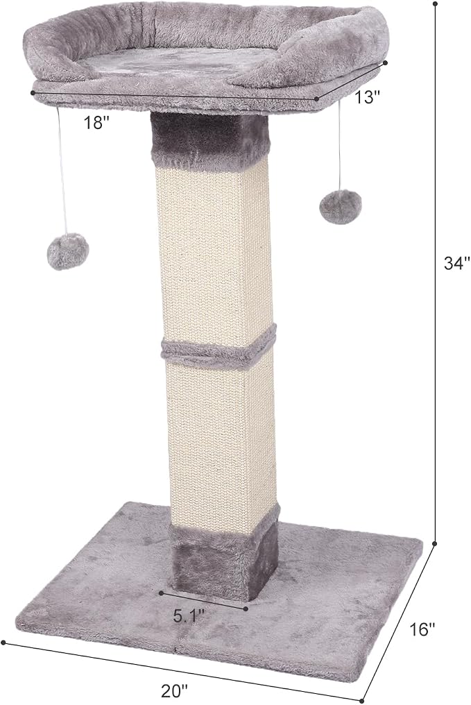 34" Tall Cat Scratching Post with Bed, Sisal Scratch Posts Trees with Plush Perch and Hanging Ball for Indoor Cats, Removable Cover, Large Scratch Post and Base, Rugged and Durable, Light Grey - Image 2