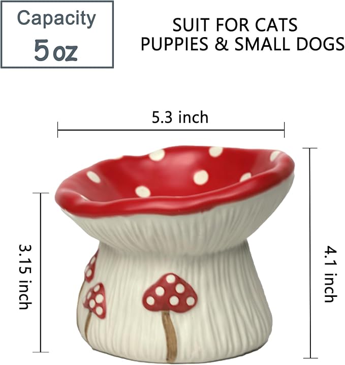 Ceramic Cat Bowl, Cute Red Mushroom Elevated Cat Food Dish, Shallow Raised Feeder, Anti Vomiting, Stress Free, Whisker Fatigue - Image 2