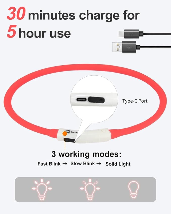 Joytale Light Up Dog Collar, LED Silicone Cut-to-Fit Rainproof, Red | Soft Skin-Friendly Won't Chafe, 360° Glow Keeps Dogs Visible at Night, 3 Modes, Rechargeable USB-C, Small Medium Large Dogs - Image 4