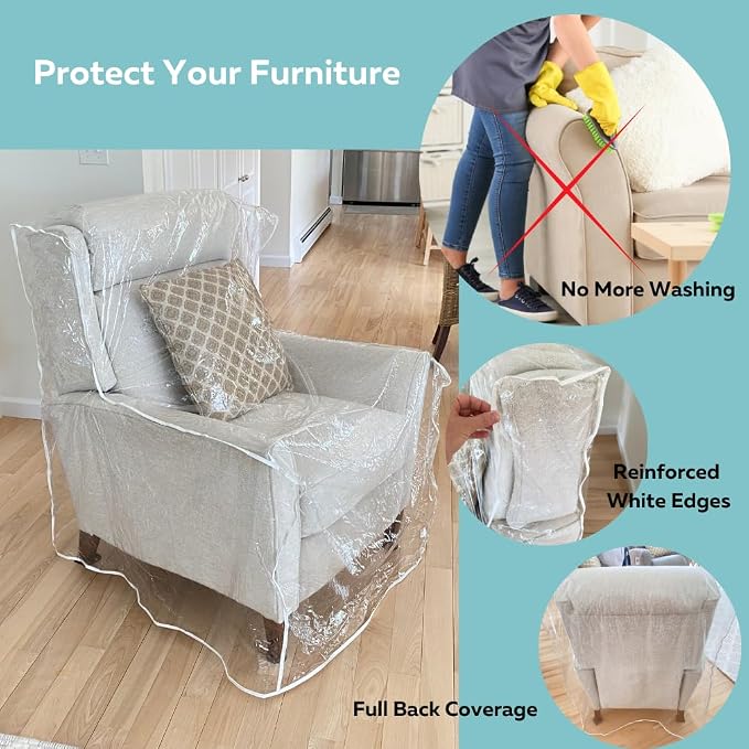 Evelots 2-Pack Clear Vinyl Recliner Covers, Spill-Resistant Protectors | Shields Furniture From Pet Claws, Stains, Dust and Spills, With a Durable Waterproof Design for Everyday Use or Home Storage. - Image 3