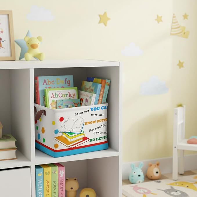 Book Storage Basket Waterproof Canvas Toy Storage Bin Blanket Baskets Collapsible Outdoor Basket with Leather Handles Book Organizer for Nursery Room Classroom Library Closets,Bedrooms,Gifts Baskets - Image 3