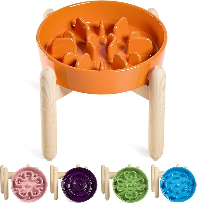 LE TAUCI Ceramic Slow Feeder Puzzle Bowl Elevated 1.5 Cup with Wooden Stand for Small & Medium Dog, Fast Eater Food Bowl Sun Orange by LETAUCI