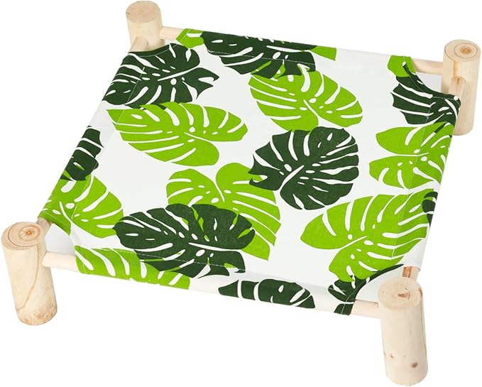 Patas Lague Cat Hammock Bed Small Eleveted Dog Bed 19x19 in Monstera Leaf | Brethable Wooden Pet Bed, Cooling Rabbit Cot, Outdoor Cat Furniture For Summer by PatasLague