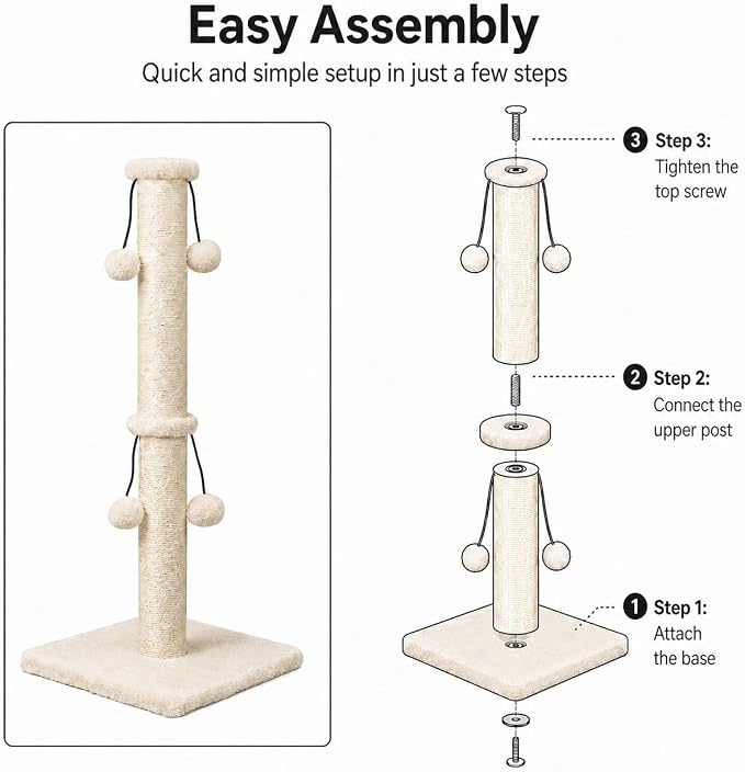 Dimaka 34'' Cat Scratching Post, Cat Scratching Post, Cat Scratcher for Large Cats with Teasing Toy Ball, Natural Sisal White and Grey (Beige) - Image 4
