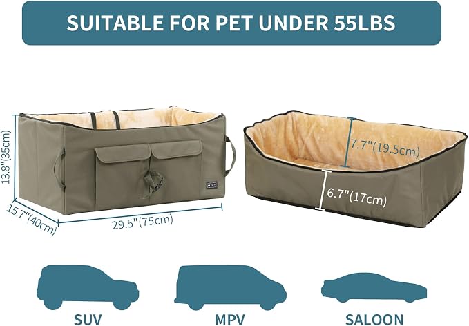Petsfit Dog Booster Seat For 2 Small Dogs or Medium Dog up to 45 lb, Large Dog Car Seat With 2 Big Pockets for Cars, Trucks and SUVs (Large, Dark Brown) - Image 2