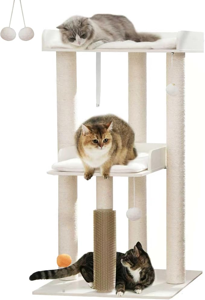 43.7" Cat Tree, Modern Cat Tree Tower, Cat Tower for Indoor Cats Large Adult, Cat Condo with Scratching Post, Large Perch and Removable Pads, White by FourFurPets