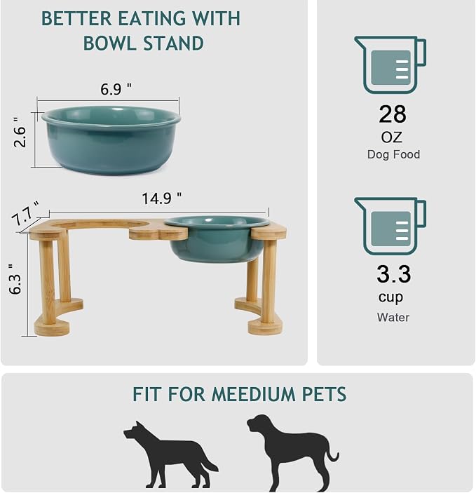 Ceramic Elevated Dog Bowls, Raised Pet Food and Water Bowl Set, Dark Green | Feed Tray For Small and Medium Breeds, 6.9" Wide Double Modern Porcelain Bowls, 6.3" High Wooden Stand, Non-Slip, 28Oz/800ML - Image 5