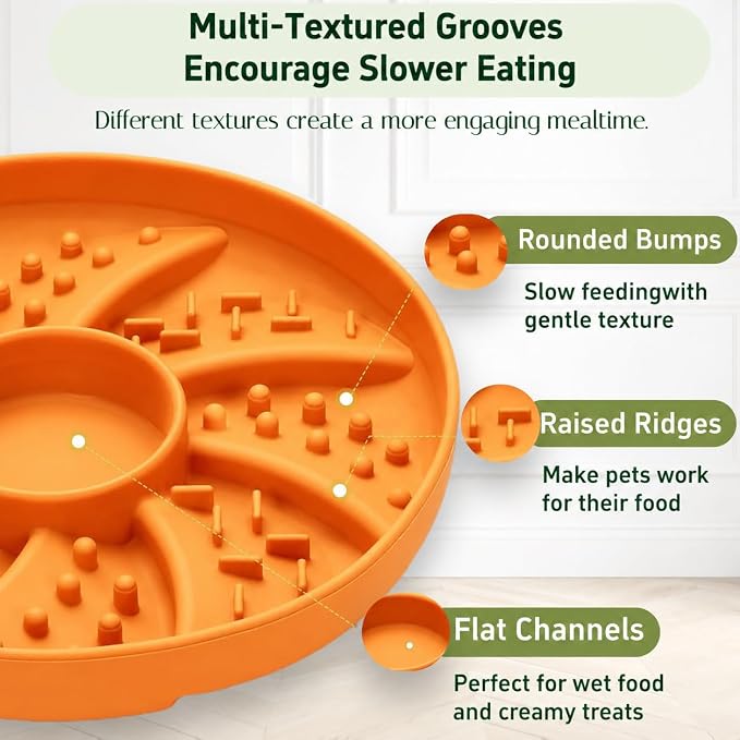 Slow Feeder Dog Bowl Silicone Suction Cup Anti Spill Dogs Cats Orange | strong suction base prevents sliding, extends mealtime, reduces anxiety, textured surface, dishwasher safe - Image 2