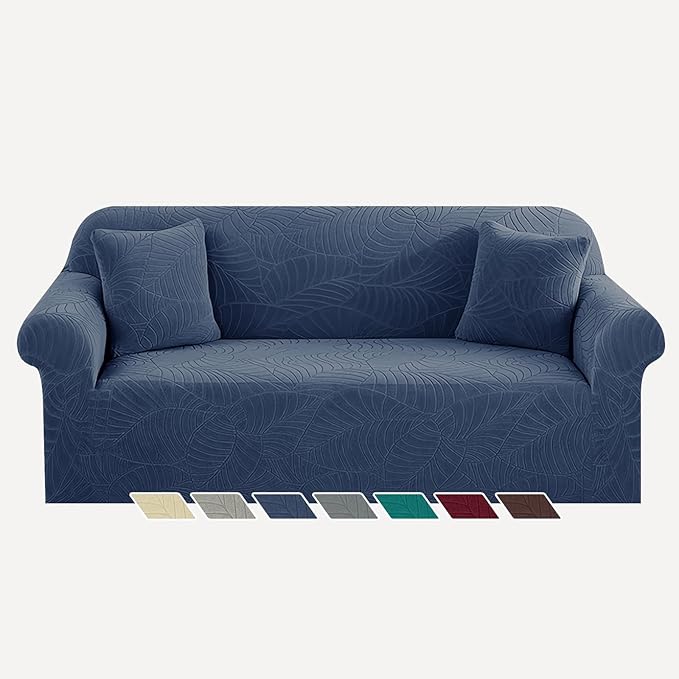 YEMYHOM Couch Cover Latest Jacquard Design High Stretch Sofa Covers for 3 Cushion Couch, Pet Dog Cat Proof Slipcover Non Slip Magic Elastic Furniture Protector (Large, Begonia Leaf Navy) by YEMYHOM