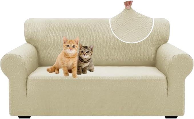 XINEAGE Stretch Jacquard Loveseat Cover, Non Slip Sofa Slipcover for Dog | High-Stretch Fabric. Wear-Resistant, Pet Friendly. Easy Install & Washable for Living Rooms, Offices.Light Beige by XINEAGE