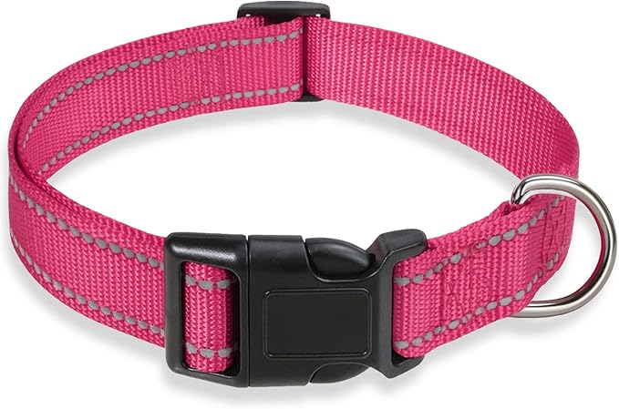 Reflective Dog Collar with Buckle Adjustable Safety Nylon Collars for Small Medium Large Dogs, Pink L | Comfortable & Breathable, No Chafing on Walks and Outdoor Hikes, Metal D-Ring, Night Safety by BOOMIBOO