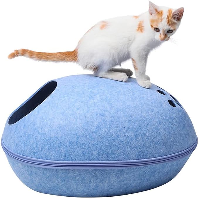 Felt Cat Cave Bed with Removable Cover, Cozy Pet Shelter for Indoor Cats, Zippered Washable Cat House with Roomy Interior (Light Gray, for Cats Under 15 lbs, Eggshell Dome Cat Bed) - Image 7