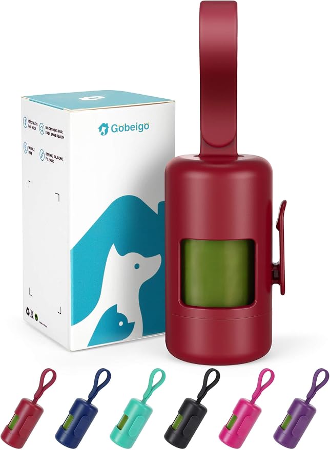 Gobeigo Dog Poop Bag Holder with Convenient Hook for Waste Bags(Red) | Silicone Strap Fits Any Leash, Large Opening for Easy Dispensing with 1 Bonus Roll of Waste Bags by Gobeigo