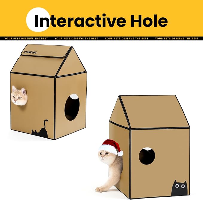 Conlun 2-in-1 Cat House Cardboard Scratching Pad Indoor Cave <13 lbs | 2-in-1 cozy cave, heavy-duty recycled cardboard | traps messy crumbs | quick setup | ideal for small cats - Image 3