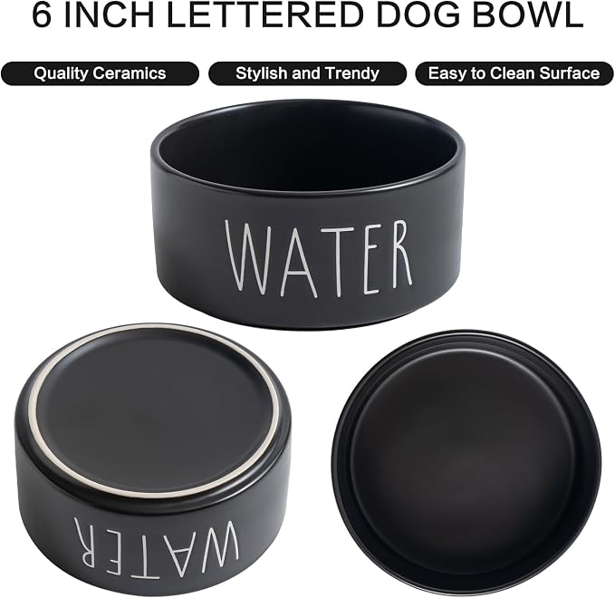 Ceramic Dog Bowls Set of 2 - Weighted Dog Dishes with Food & Water Lettering for Small and Medium Dogs, Food Grade Pet Bowl, Dishwasher & Microwave Safe (6 inch, 2 * 30oz, Black) - Image 2