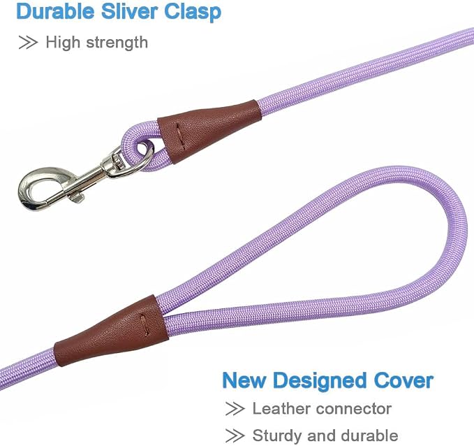 MayPaw 6/8 /10 FT Dog Leash, Classic Solid Colors, Strong Nylon Rope Dog Leash Reinforced with Leather Tailor Connection Heavy Duty Silver Clasp (Purple, 6ft*1/2") - Image 2
